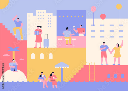 flat puzzle hotel space travelers. Guests with luggage, people drinking at the bar, friends playing in the pool. flat design style minimal vector illustration.