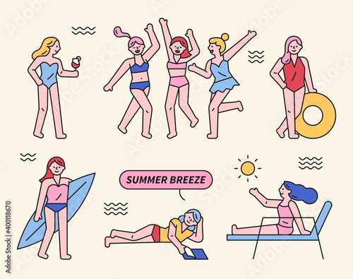 Young women are playing on the beach. People who are happy to go on vacation. flat design style minimal vector illustration.