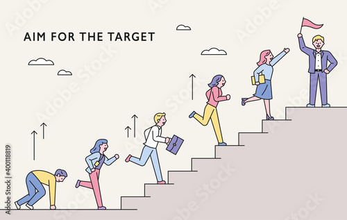 Business people concept moving towards the goal. People are running up the stairs. flat design style minimal vector illustration.