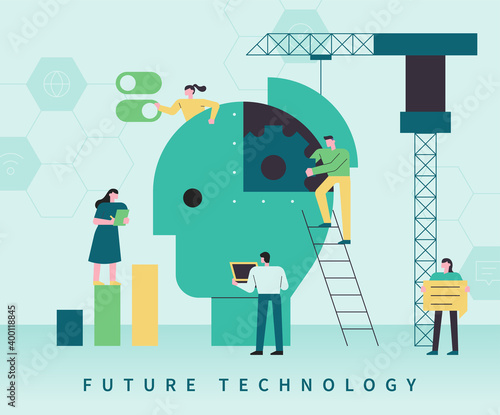 Future technology concept web banner template. There is a gear in the shape of a huge human head, and people are doing research around it. flat design style minimal vector illustration.