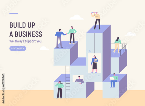 Business build-up concept web template. Buildings represented by boxes are piled up, and business people are running around. flat design style minimal vector illustration.