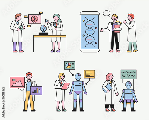 Scientists studying robots. Team members doing research with the lab's equipment. flat design style minimal vector illustration.