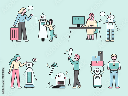 Robot technology in everyday life. Future life where robots help with housework. flat design style minimal vector illustration.