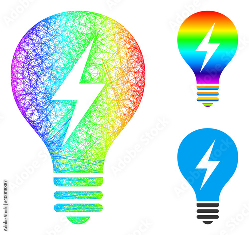 Rainbow colorful net electric bulb, and solid spectral gradient electric bulb icon. Crossed carcass flat net geometric image based on electric bulb icon, is generated with crossed lines.