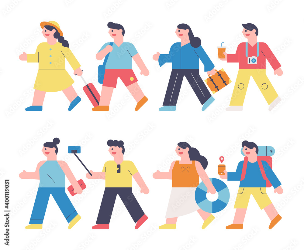 People characters going on a trip. People are walking with various travel items. flat design style minimal vector illustration.
