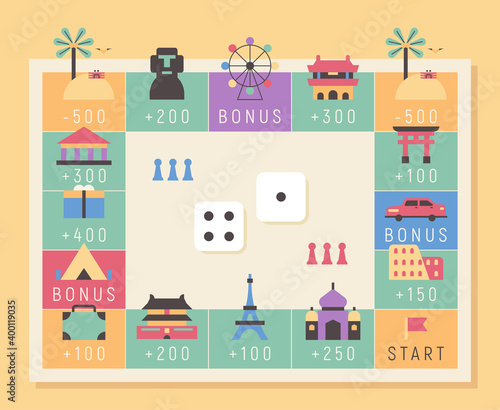 Fototapeta Naklejka Na Ścianę i Meble -  Board game concept world tour illustration. There are landmark buildings for each country on the board and a dice in the middle. flat design style minimal vector illustration.