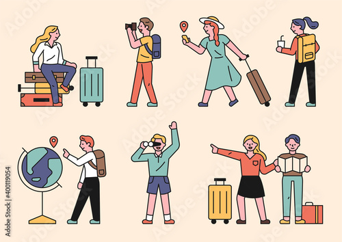 People doing sightseeing with suitcases. Tourist character collection. flat design style minimal vector illustration.
