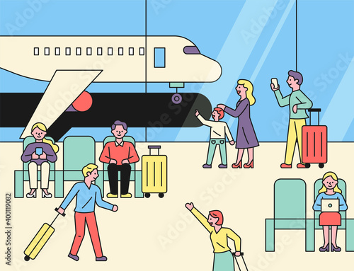 You can see the airplanes outside the window with travelers at the airport. Many people on the airport background. flat design style minimal vector illustration.