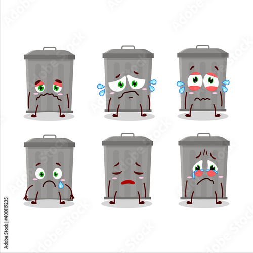 Trash can cartoon character with sad expression