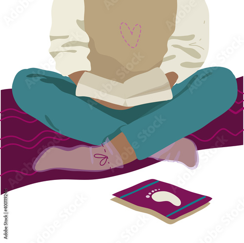 Foot mask. Concept of skin care and beauty procedures. Woman reading a book while wearing foot mask socks.   Spa procedures at home.