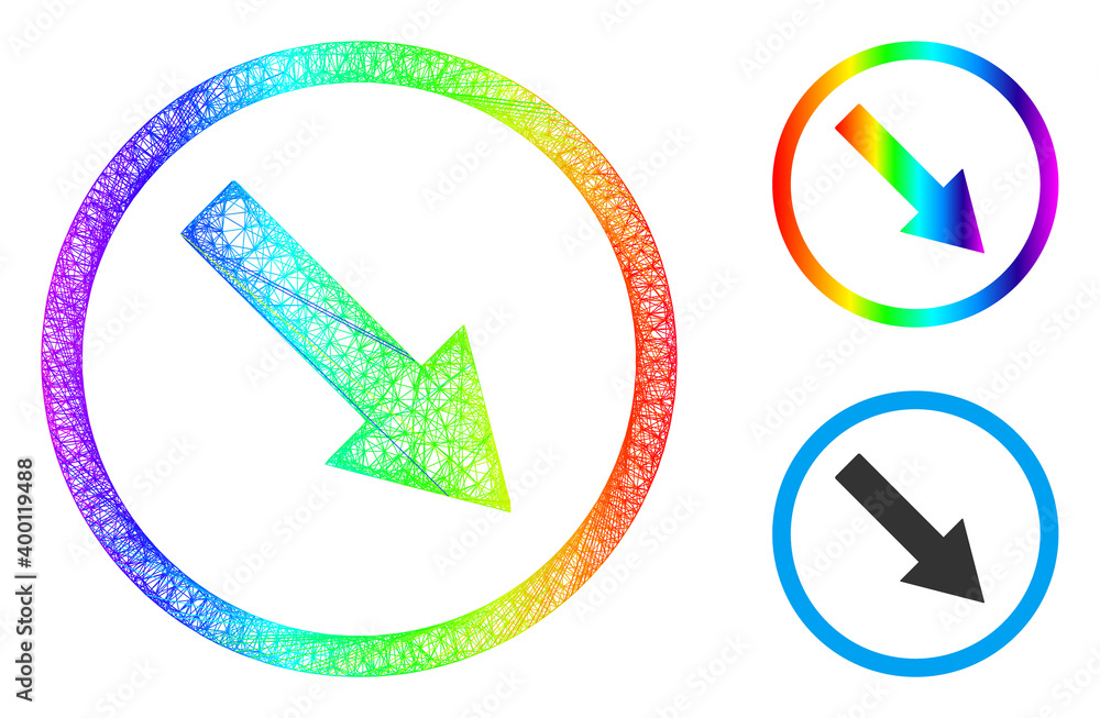 Rainbow colorful net mesh down-right rounded arrow, and solid rainbow gradient down-right rounded arrow icon. Crossed frame 2D net abstract image based on down-right rounded arrow icon,