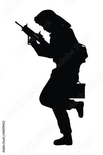 Israel soldier with rifle gun silhouette vector on white, middle east battle, military person concept in black and white.