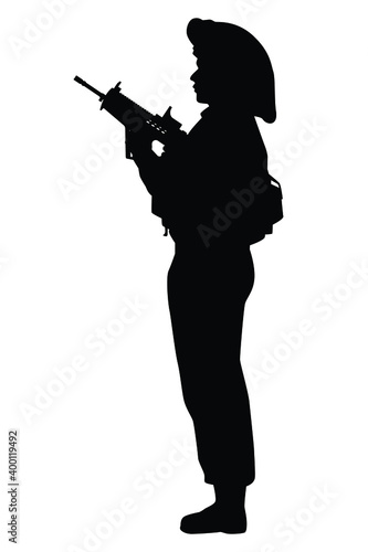 Israel soldier with rifle gun silhouette vector on white, middle east battle, military person concept in black and white.