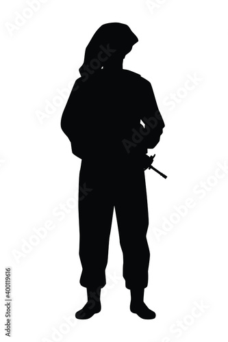 Israel soldier with rifle gun silhouette vector on white, middle east battle, military person concept in black and white.
