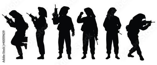 Set of Israel soldier with rifle gun silhouette vector on white, middle east battle, military person concept in black and white. photo