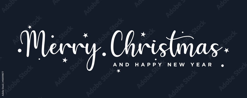 Naklejka Merry Christmas and Happy New Year Text Lettering hand written calligraphic white text isolated on black background vector illustration. usable for web banners, posters and greeting cards