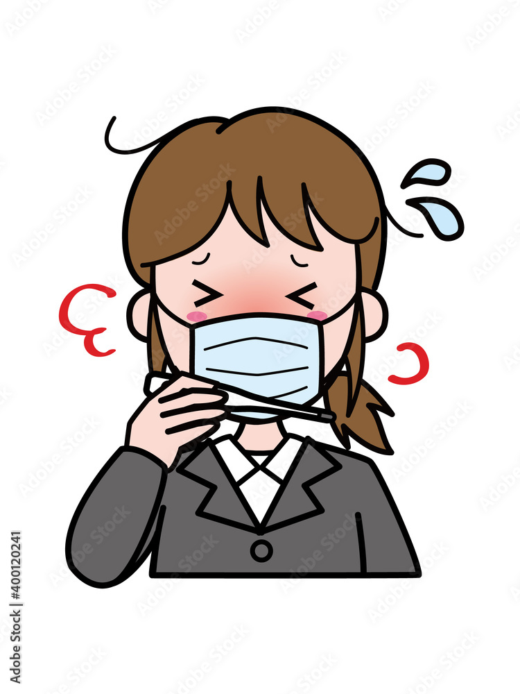 発熱し体温計を見て困っているスーツ姿の若いOL女性（マスク着用）