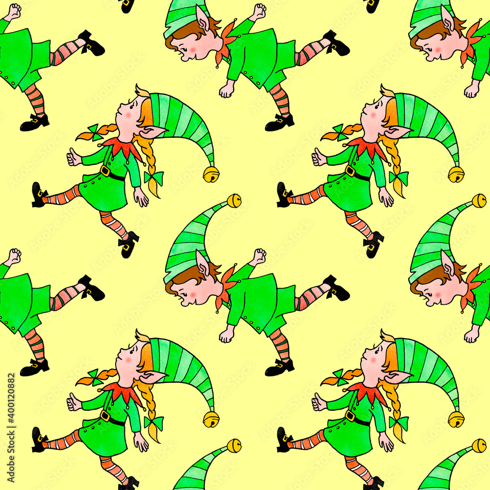 Seamless pattern with Christmas elves. New year Xmas watercolor hand drawn backgrounds and textures. For greeting cards, wrapping paper, packaging, textile, fabric, prints Seamless pattern with Christmas elves. New year Xmas watercolor hand drawn backgrounds and textures. For greeting cards, wrapping paper, packaging, textile, fabric, prints