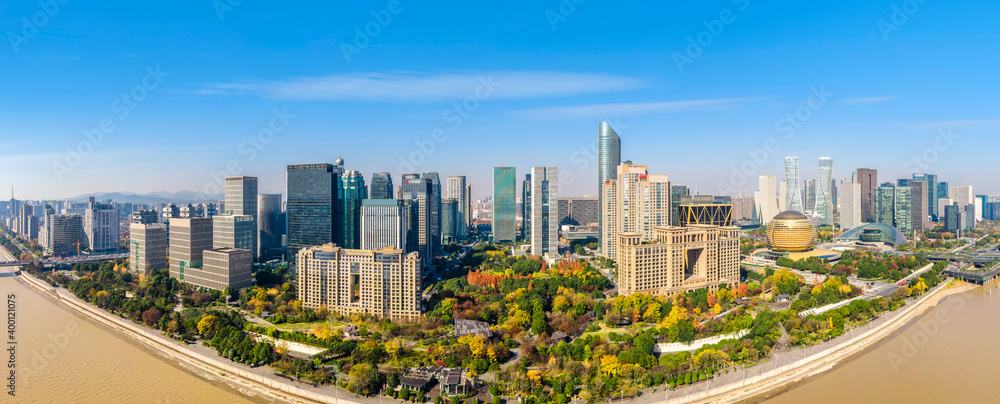 Aerial photography of Hangzhou city modern architecture landscape skyline