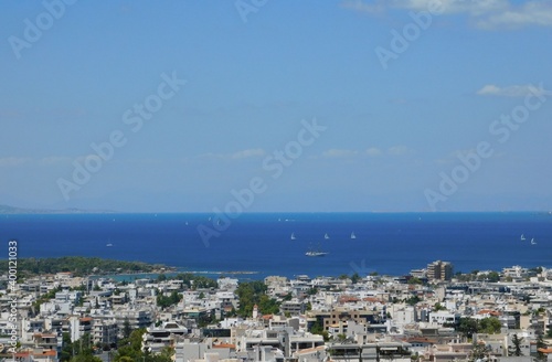 August 2018. View of the city and coast of Glyfada, Attica, Greece, on a summer day, with many boats at sea