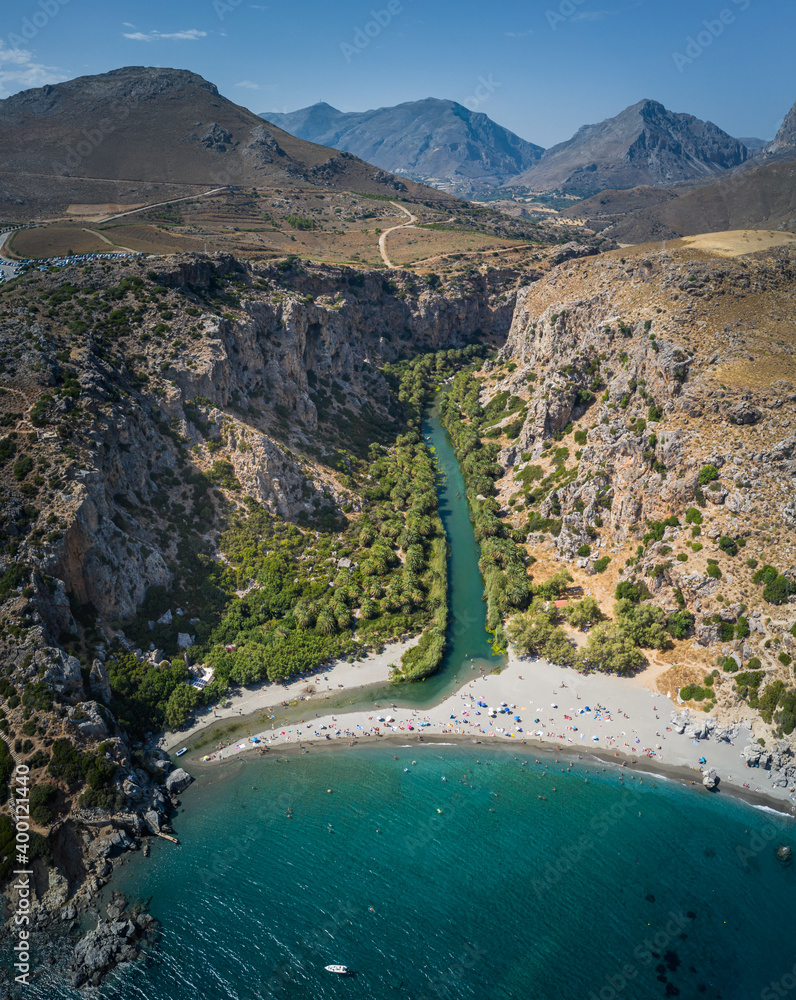 Panorama of Preveli beach at Libyan sea, palm forest, southern Crete , Greece