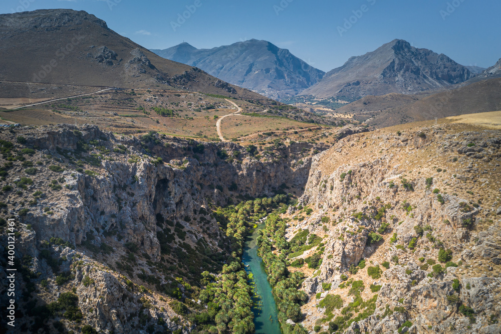 Panorama of Preveli beach at Libyan sea, palm forest, southern Crete , Greece