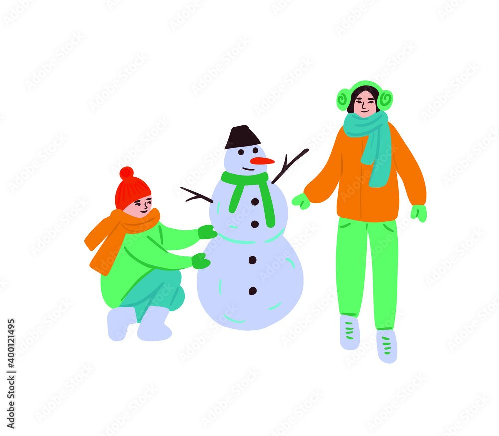 Winter outdoor activities for children. Children in winter clothes make a snowman in winter. Vector illustration on white