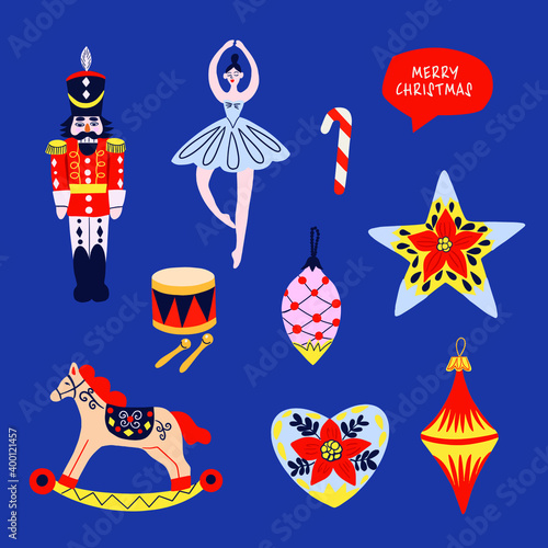Christmas design elements with nutcracker  ballerina  stars and others.