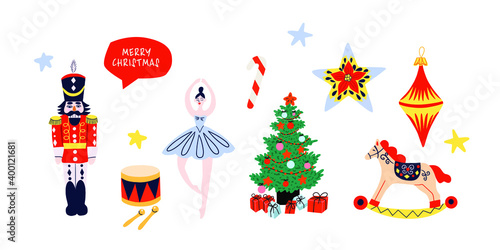 Christmas design elements with nutcracker, ballerina, stars and others. Set of Cute Merry Christmas and Happy New Year Illustrations or stickers. 