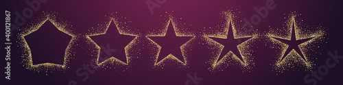 Set of shiny golden stars. Star shape collection. Creative graphic, dark background. Decorative glittering texture, bright design. Discount badge, isolated frame with empty center. Holiday vector sign