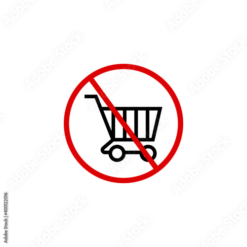 Red round No Shopping Cart icon. Illustration of a forbidden signal. No trolley allowed symbol. Prohibited symbol isolated on white background. Great for any use. Stock Vector