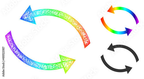 Spectrum colorful network exchange arrows, and solid spectrum gradient exchange arrows icon. Wire carcass 2D network abstract symbol based on exchange arrows icon, made from crossed lines.