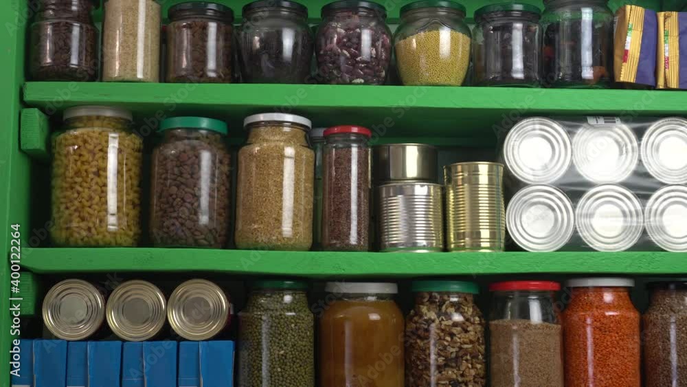 Grocery stock, food reserve. Glass Cereal Jars. Zero Waste Shopping