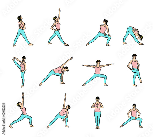 Yoga colorful poses set. Line illustration. Woman postures stock illustration © Carrot