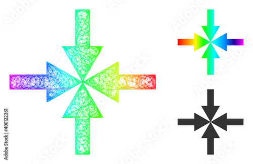 Rainbow vibrant net compress arrows, and solid rainbow gradient compress arrows icon. Linear frame flat net abstract image based on compress arrows icon, created with crossed lines.