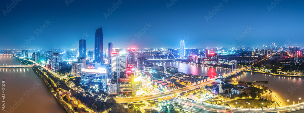 Aerial photography of Ningbo city architecture landscape night view - obrazy, fototapety, plakaty 