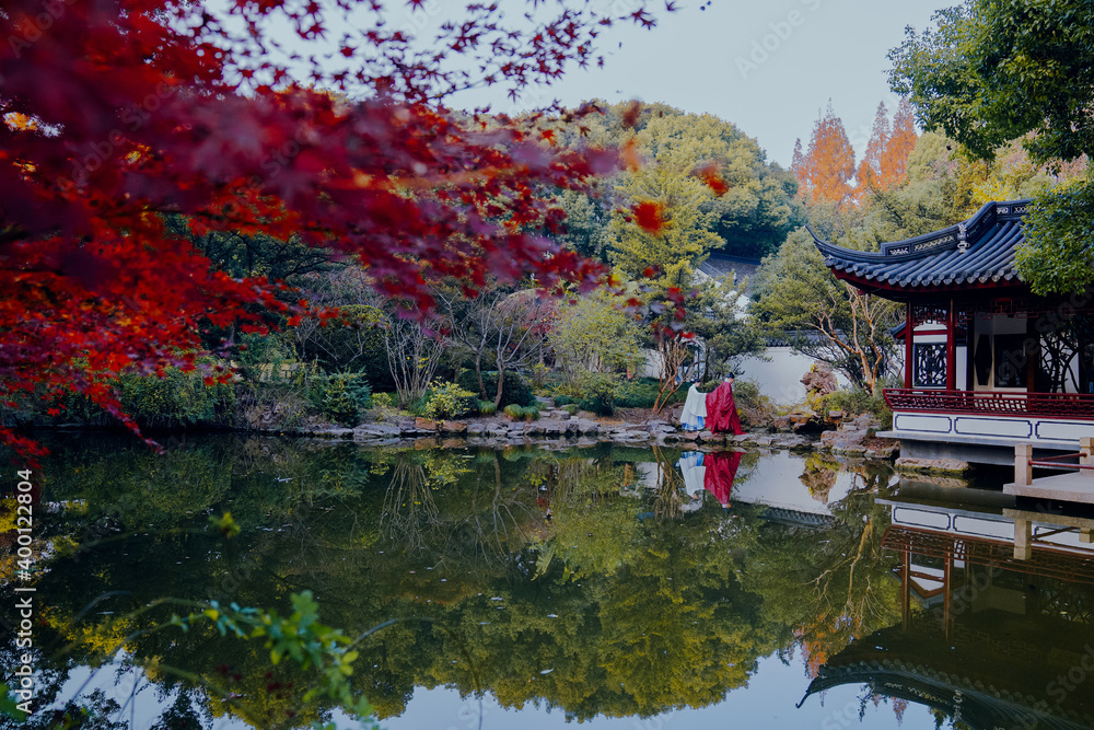 Red maple leaves and Chinese classical architecture in autumn Red maple leaves and Chinese classical architecture in autumn