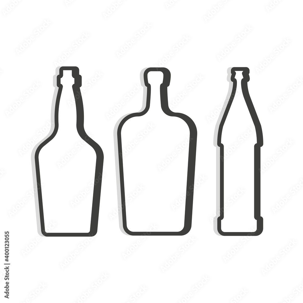 Whiskey and liquor beer bottle. Linear shape. Simple template. Isolated object. Symbol in thin lines for alcoholic institutions, bars, restaurants. Dark outline. Flat illustration on white backdrop Whiskey and liquor beer bottle. Linear shape. Simple template. Isolated object. Symbol in thin lines for alcoholic institutions, bars, restaurants. Dark outline. Flat illustration on white backdrop