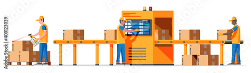 Conveyor belt machine concept isolated on white. Modern factory equipment. Warehouse process service. Package X-ray baggage. Security, logistic and delivery. Cartoon flat vector illustration