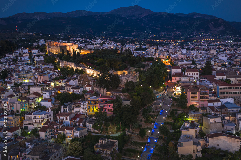 Aerial drone photo of night city Patras, Achaia, Peloponnese, Greece