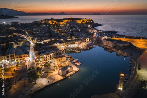 Rethymno evening city at Crete island in Greece. The old venetian harbor.
