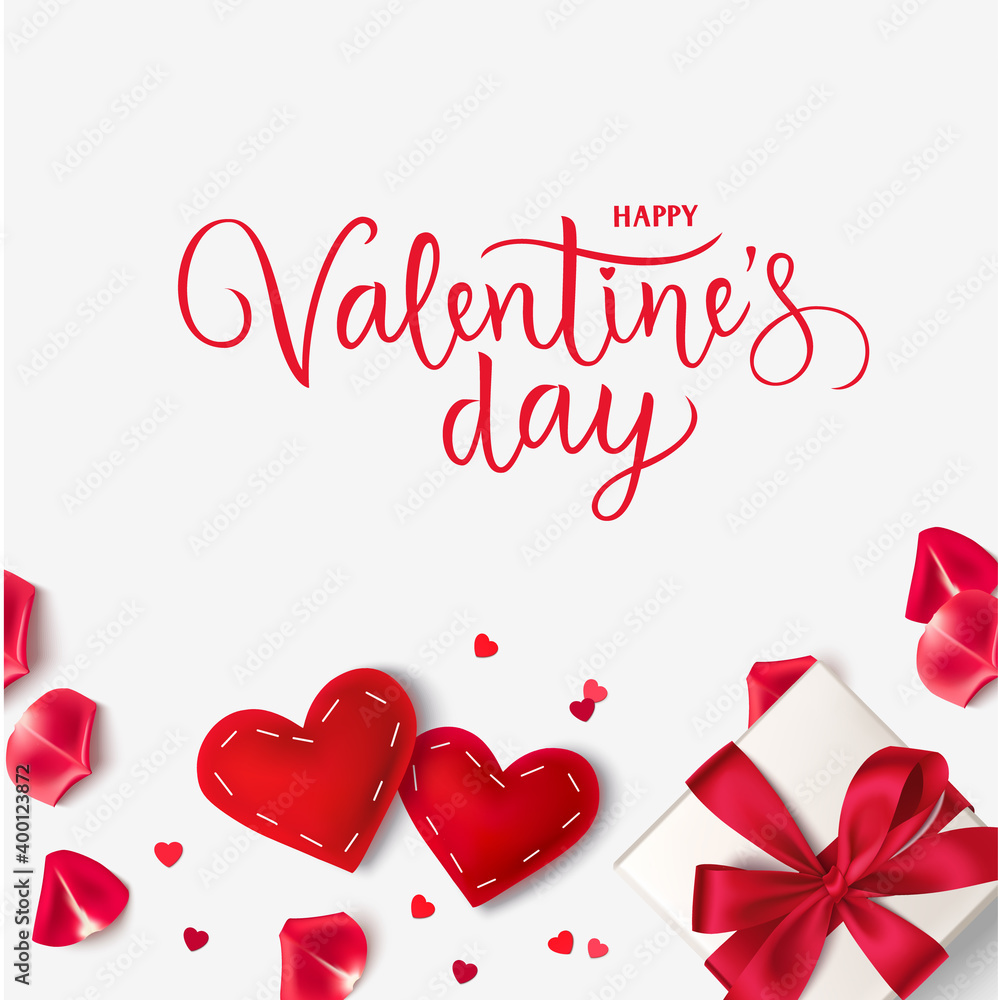 Happy Valentine's Day. Vector lettering. Holiday greeting text. Valentines Day background with red gift box, hearts and red rose petals.	