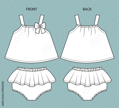 set of baby girl clothes front and back view. baby wear isolated. 
