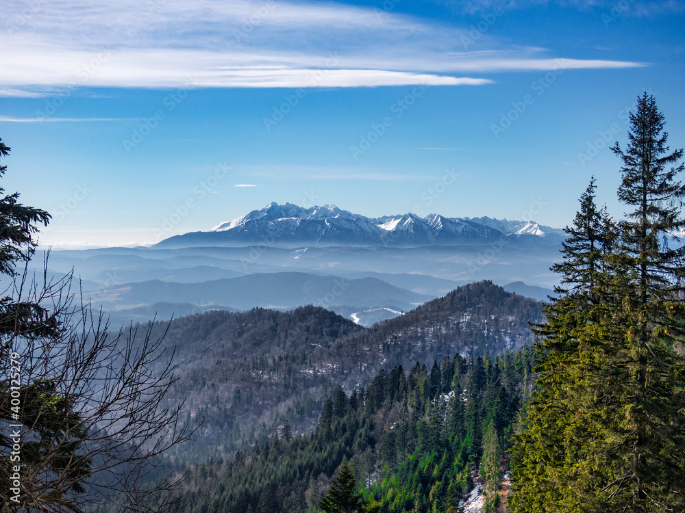 View of High Tatras from Beskid Sadecki Mountains