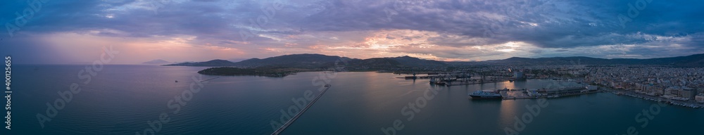 Wide panoramaof Volos city at twilight. Magnesia - Greece.