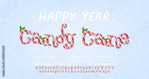 Happy Year Candy Cane, funny cute background for poster, website, flyer. Cartoon alphabet with mistletoe decoration