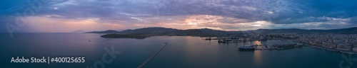 Wide panoramaof Volos city at twilight. Magnesia - Greece.