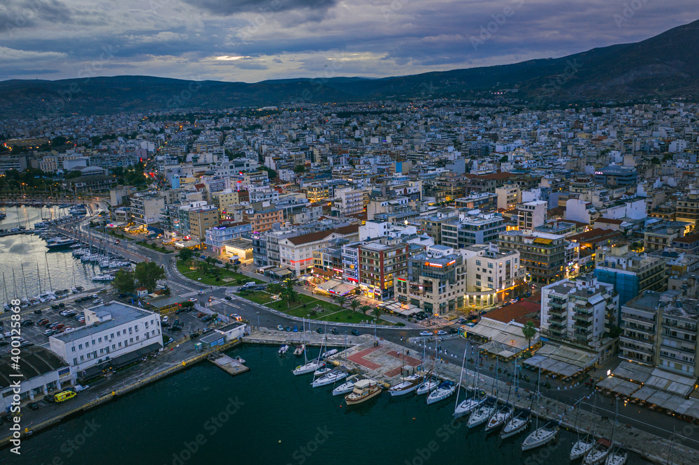 Aerial panoramic view of Volos city at twilight. Magnesia - Greece.