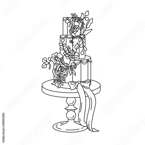 Black and white drawing of a three-tiered cake. Drawn by hand. Suitable for postcards, flyers, banners, invitations. Vector illustration for art therapy, antistress coloring book page for adults.