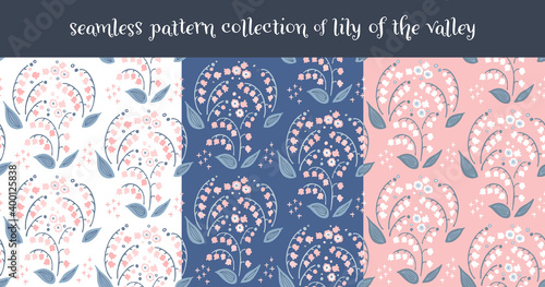 手描きのスズラン柄　シームレスパターンセット